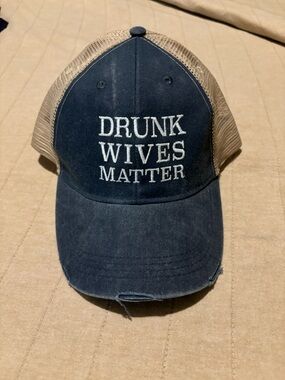Navy Blue Mesh Trucker Hat - "DRUNK WIVES MATTER" Embroidered